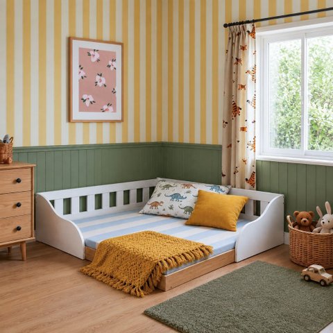 Cama Infantil de Chão Montessoriana de Casal com Proteção Lateral BCA33 Cor Branco/Mel - BRV Móveis