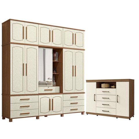 Guarda Roupa Casal Londres Capelinha e Cômoda Havana Master 11 Gavetas MDF MDP Jatobá Areia Santos