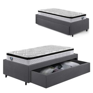 Base Box Cama Solteiro Sapateira Suede Cinza e Colchão Cama Inhouse Ecoflex 88x188