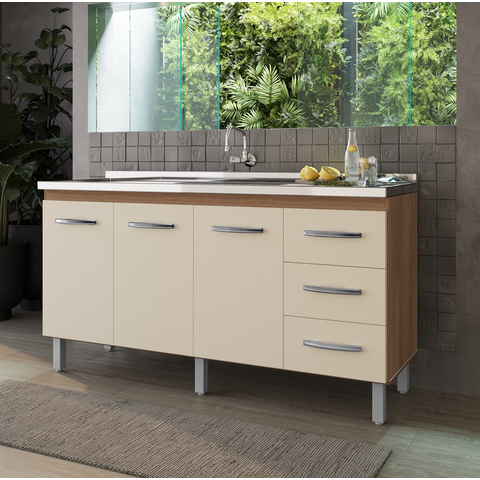 Balcão de Pia 150m Diana sem Cuba/tampo com 3 Portas 3 Gavetas - Savana/off White Móblis