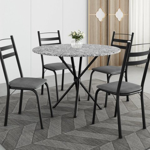 Conjunto Sala de Jantar Mesa Redonda 80cm Tampo Granito com 4 Cadeiras Milla Preto/Platina/Ocre