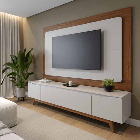 Rack com Painel para TV até 75 Polegadas MDF 220 cm X 188 cm Pés em Madeira Maciça Flynt Oslo