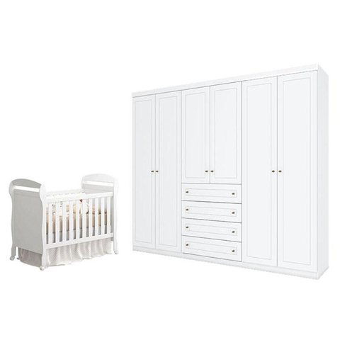 Berço Americano Danny Branco Acetinado Reller e Guarda Roupa Casal Americano 6 Portas Branco Hp -