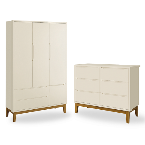 Quarto de Bebê Guarda Roupa Classic + Cômoda 6 Gavetas Madeira Areia Fosco