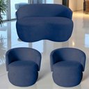 Ver imagem 1 de Kit Namoradeira + 2 Poltronas Decorativa Beatriz Orgânica Veludo Azul Marinho