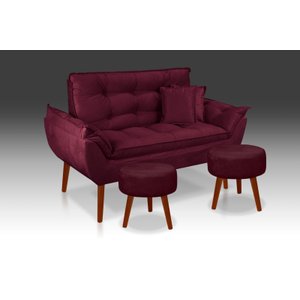 Kit Namoradeira+ 2 Puff Redondo+ 2 Almofadas Suede Bordo -Rv Decora