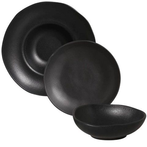 Jogo 3 Peças Prato Fundo de Massa Cumbuca Orgânico Cerâmica Preto Matte Porto Brasil