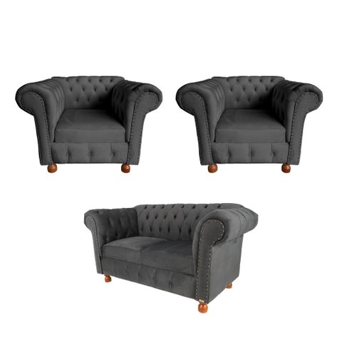 Conjunto Chesterfield Namoradeira + 2 Poltronas Luiz Xv Suede Cinza Chumbo/ Decoração, Barbearia, Sa