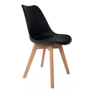 Cadeira de Jantar Saarinen Leda Tulipa Base Wood Madeira Maciça com Estofado em Couro Preto