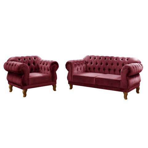 Kit Namoradeira Duquesa Chesterfield 2 Lugares + 1 Poltrona - Suede Bordô