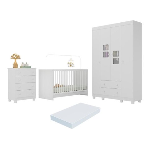 Quarto de Bebê Completo com Berço 3 em 1 com Colchão Incluso Sol Multimóveis Mp4538 Branco