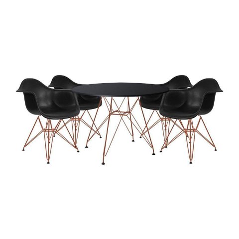 Mesa De Jantar Redonda Preta 110Cm Com 4 Poltronas Pretas Ferro Cobre Cor: Preto