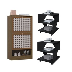 Kit Sapateira Spin Tropical 2 Portas e 2 Mesas de Cabeceira/centro Carvalho e Preto Poquema