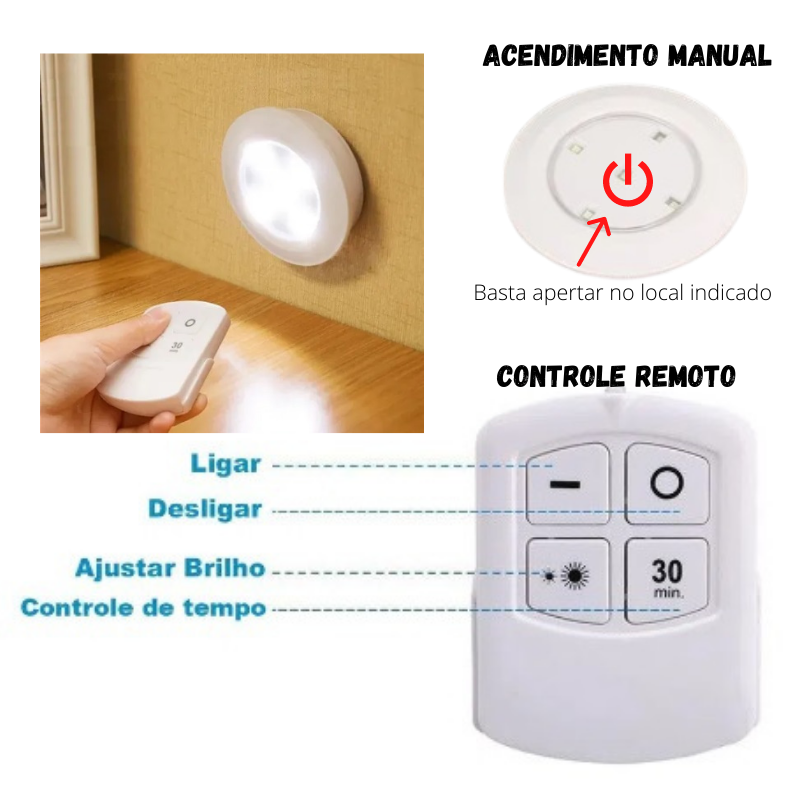 Kit 3 Luminaria Controle Remoto Led Spot Lampada Sem Fio Fácil Instalação Teto Parede Armários - 2