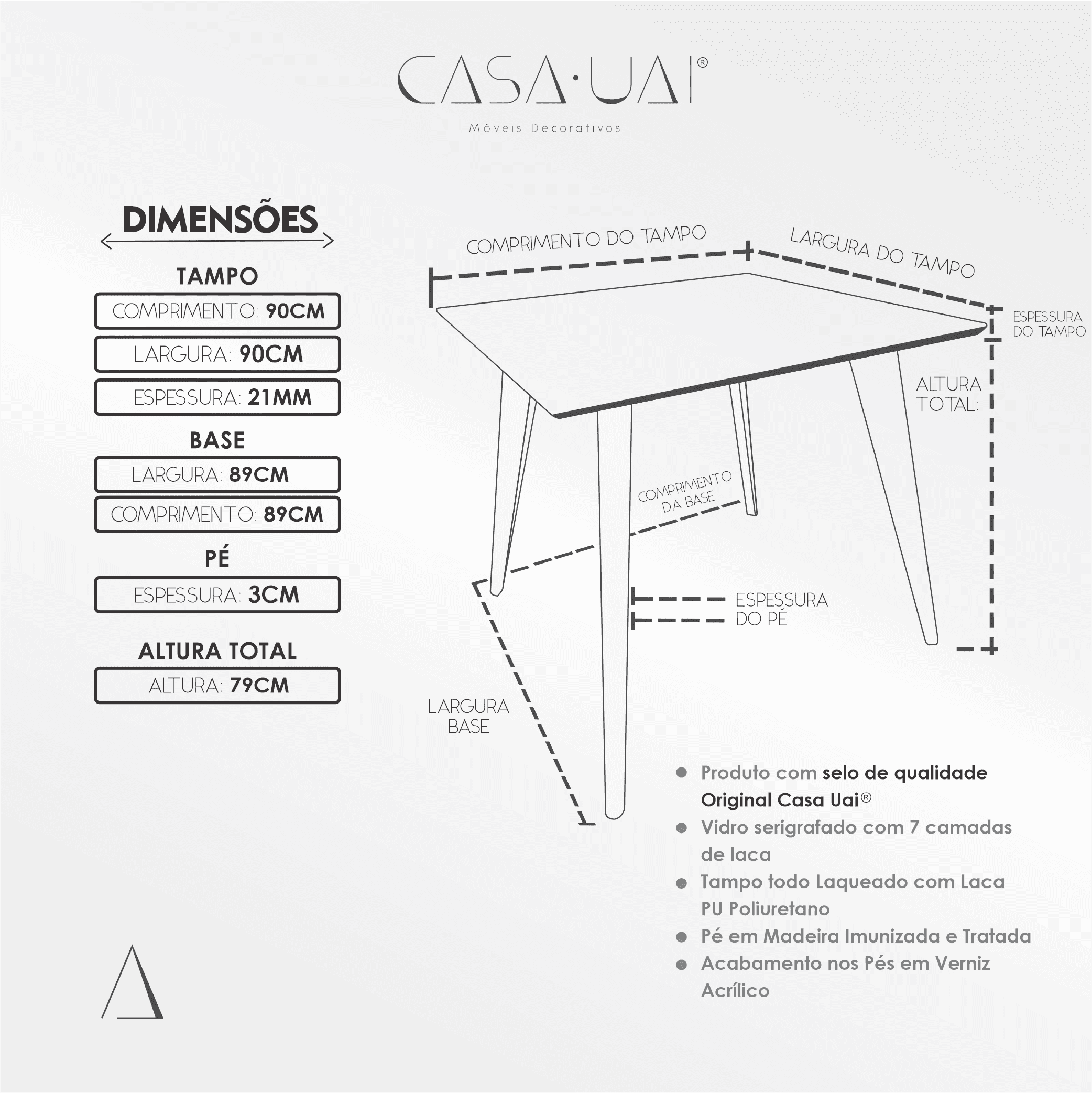 Mesa de Jantar Tampo com Vidro Quadrada 90x90cm Slim  - 7