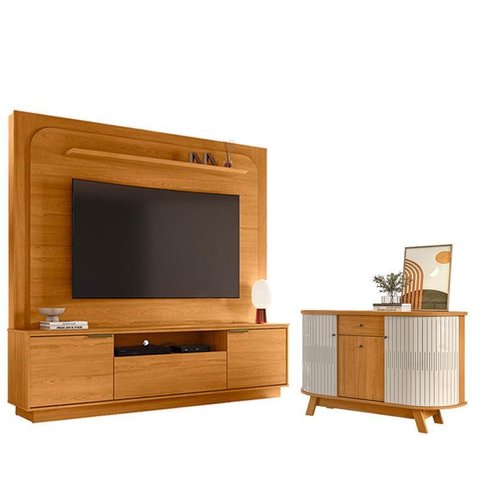 Estante Home Theater Nilo sem Pés Cinamomo com Aparador para Sala Buffet Monza Cinamomo Off White - 