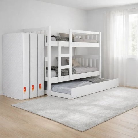 Beliche Solteiro Mdf + Auxiliar + 3 Colchões + Proteção