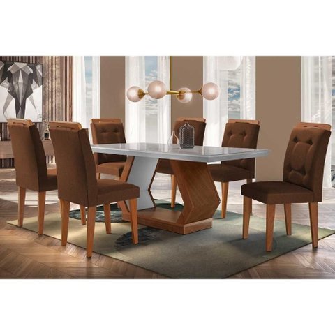 Conjunto: Mesa Sala Jantar Alvorada Tampo Madeirado C/ Vidro Canto Reto 180x90cm e 6 Cadeiras
