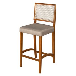 Banqueta Alta Roma Rattan Luxo Balcão Banco Puff Pés Madeira em Madeira Maciça Premium Cor Bege