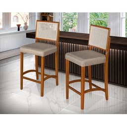Banqueta Alta Roma Rattan Luxo Balcão Banco Puff Pés Madeira em Madeira Maciça Premium Cor Bege - 3