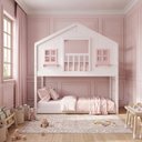 Ver imagem 3 de Beliche Infantil Montessori com Varanda Casinha Dos Sonhos Madeira Maciça Branco/Rosa Megamobilia