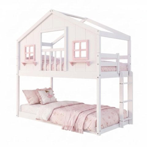 Beliche Infantil Montessori com Varanda Casinha Dos Sonhos Madeira Maciça Branco/Rosa Megamobilia