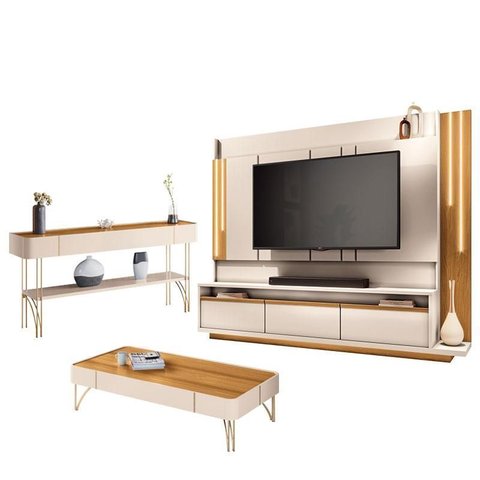Estante Home Theater Montane e Aparador Vivant e Mesa de Centro Cadenza Off White Cinamomo - Hb Móve