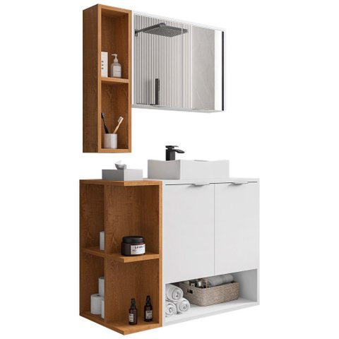 Gabinete para Banheiro com Cuba e Espelho Siesta B02 Branco Naturalle - Lyam Decor