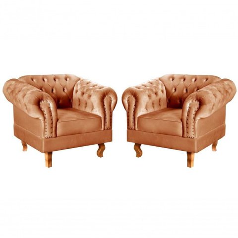 Conjunto 2 Poltronas Dom Pedro Veludo Pés Torneados Terracota 400 Bella Decor