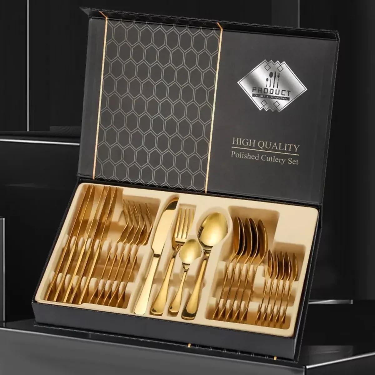 Ver imagem 4 de Faqueiro Aço Inox 24 Peças Dourado Caixa Preta Luxo