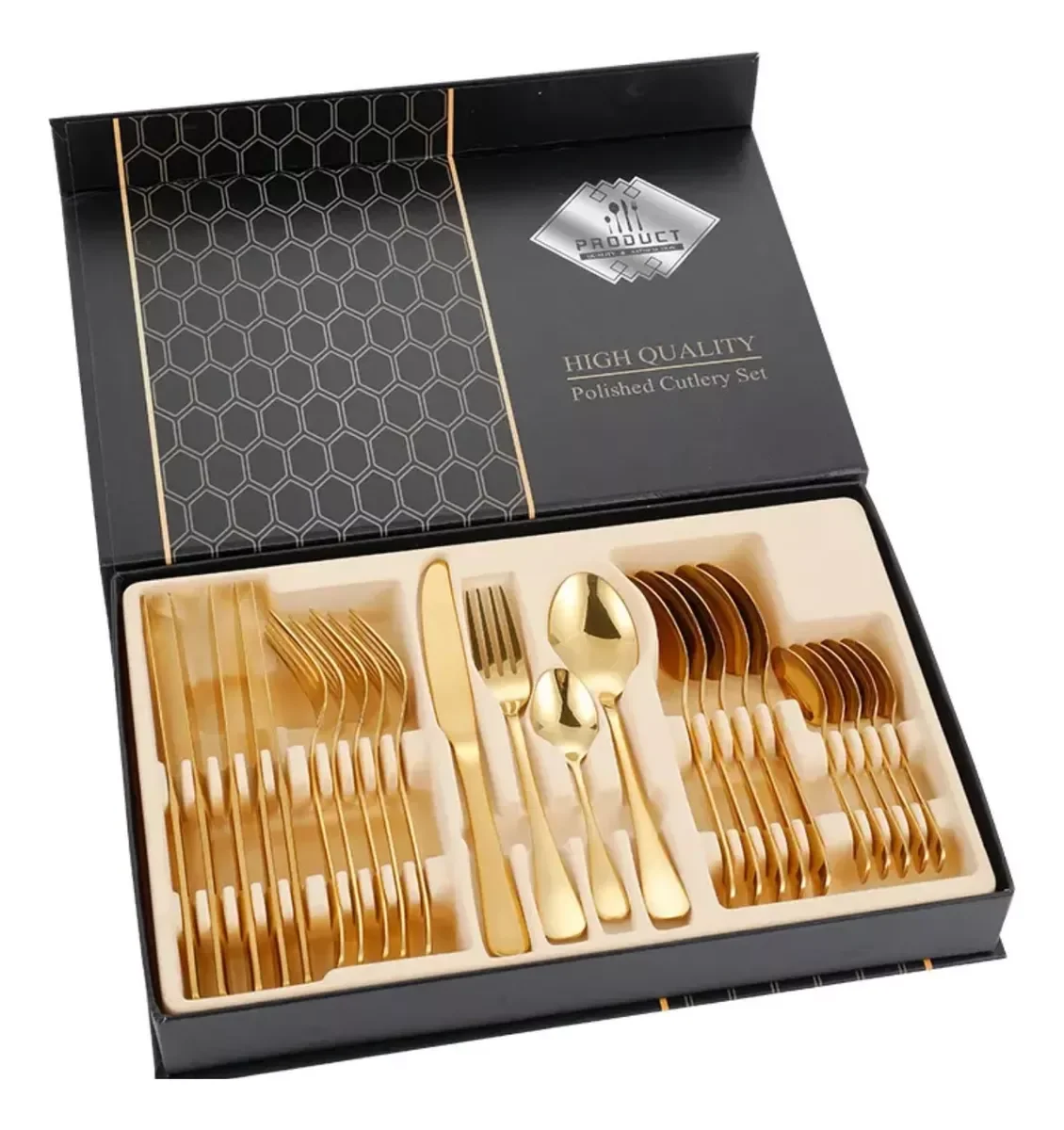Ver imagem 2 de Faqueiro Aço Inox 24 Peças Dourado Caixa Preta Luxo