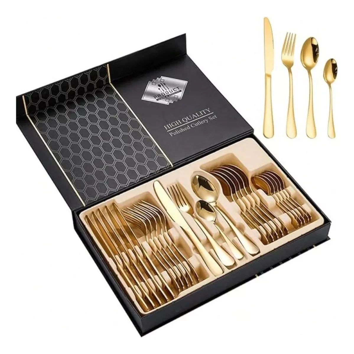 Faqueiro Aço Inox 24 Peças Dourado Caixa Preta Luxo - 1