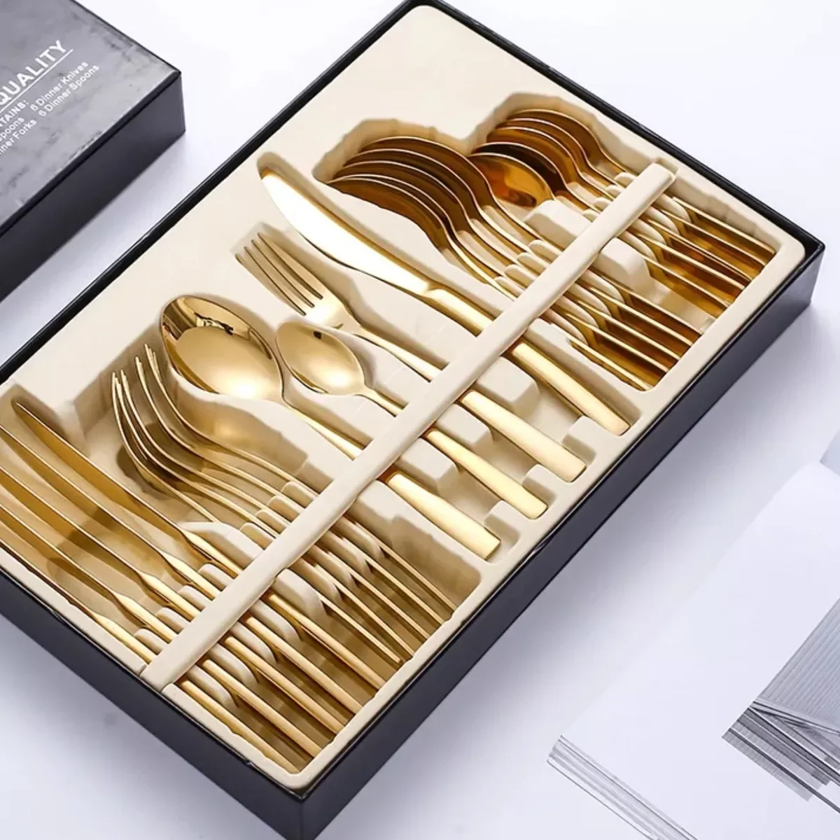 Ver imagem 3 de Faqueiro Aço Inox 24 Peças Dourado Caixa Preta Luxo