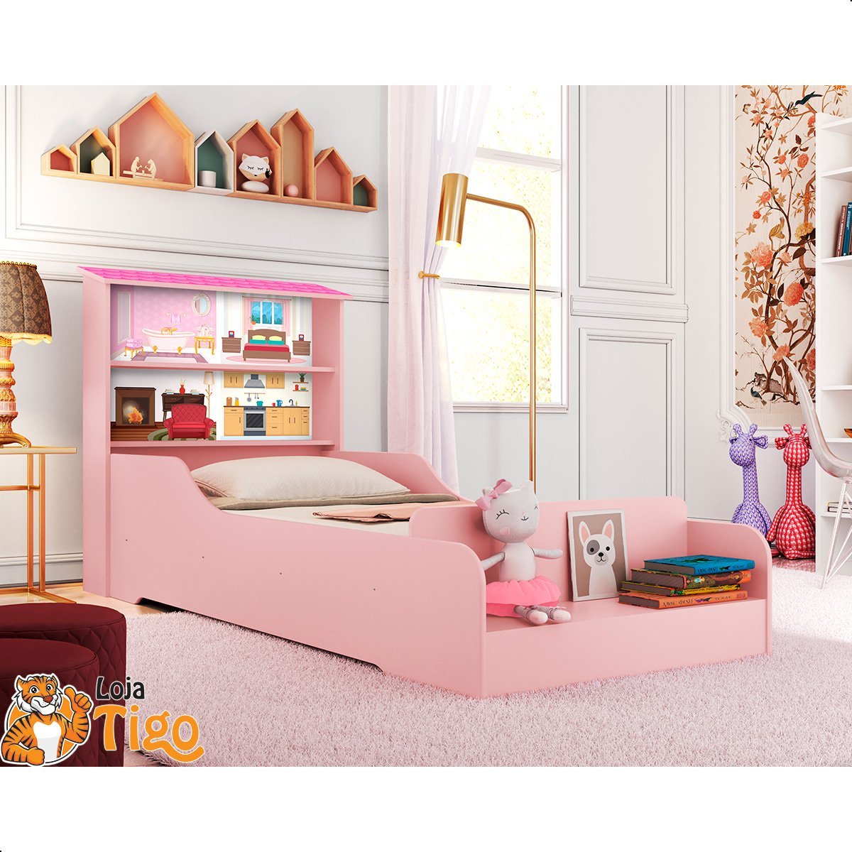 Cama Casinha Infantil Princesa Liz com Prateleiras e Grade de Proteção Rosa - 1