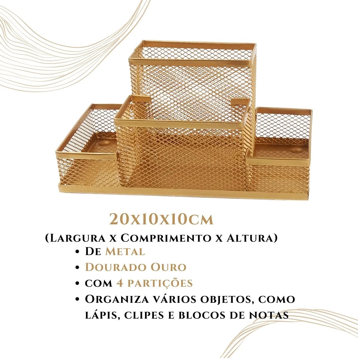 Porta Caneta Treco Lápis Post It Multiuso Home Office Luxo - Kit 4 Dourado - 3