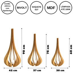 Luminária de Chão MDF IBIZA:MDF CRU/Kit c/ 3 - 90x42, 75x37, 60x30 - 3
