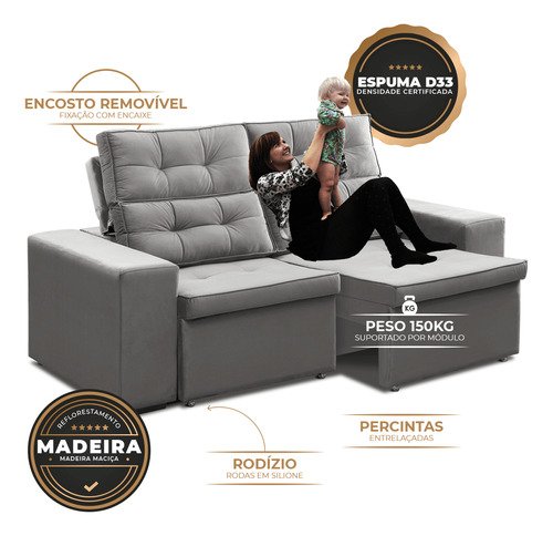 Sofá Roma Retrátil 2 Lugares Veludo Cinza 1.90cm Sala Tv Bz Home Decor - 5