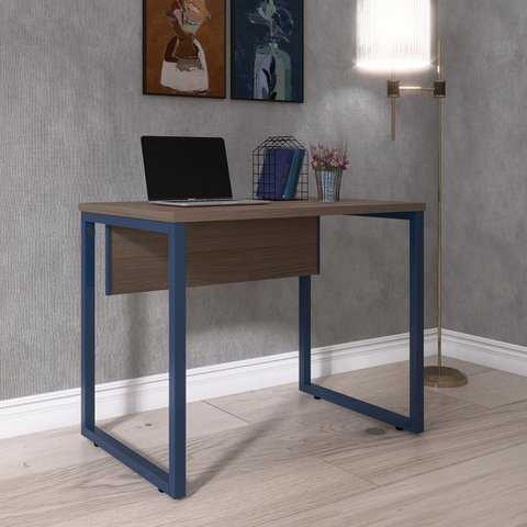 Escrivaninha Mesa Escritório PE25 90cm Walnut e Azul Delrei Cinza