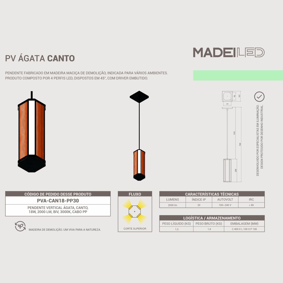 Pendente Madeira Canto Agata Led 18w 2000lm Bivolt - 6