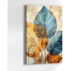Quadros Decorativos Sala de Jantar Quarto Hall Folhas Clean Azul Dourado Quadro em Canvas Grande