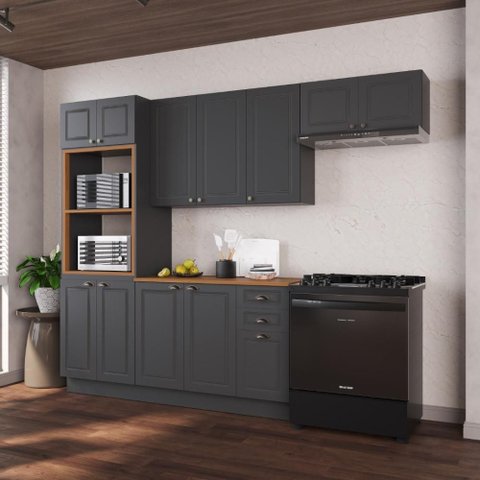 Armário de Cozinha Modulada Compacta Fidelitá Nara 100% MDF 4 Peças 270cm 12 Portas 2 Gavetas com