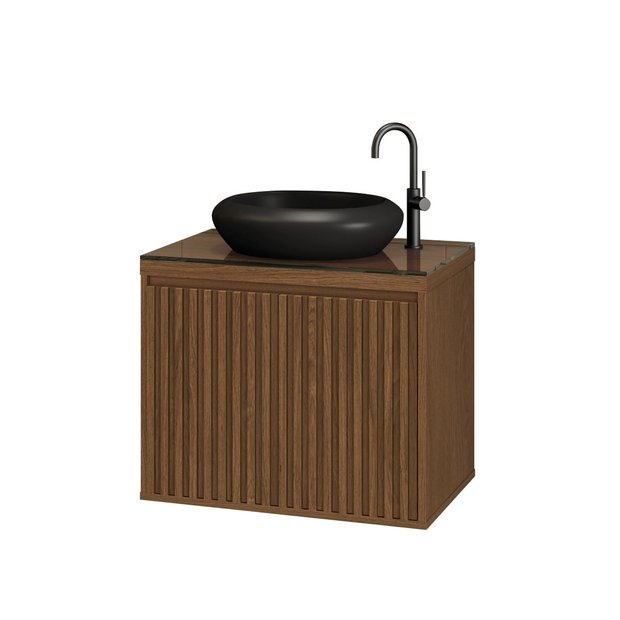 Ver imagem 1 de Balcão Gabinete Banheiro Ripado 60 Freijo C/ Cuba Preta