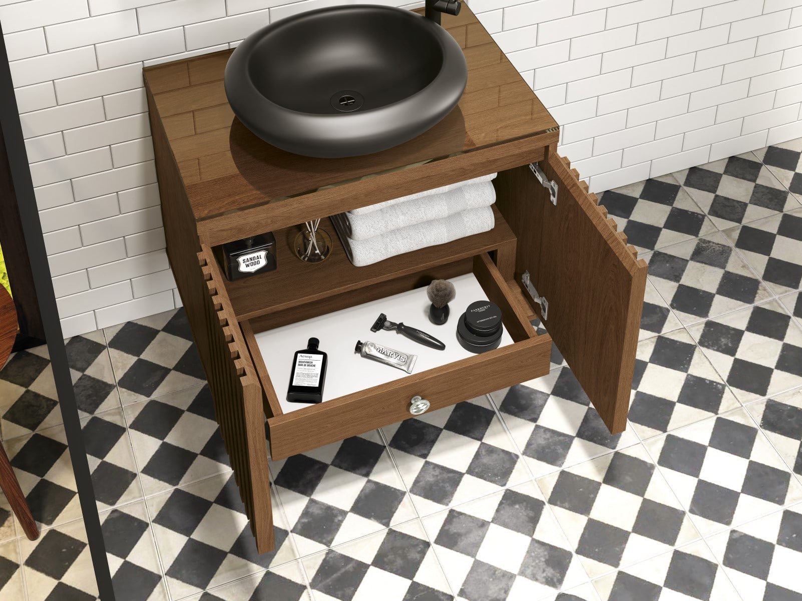 Ver imagem 2 de Balcão Gabinete Banheiro Ripado 60 Freijo C/ Cuba Preta