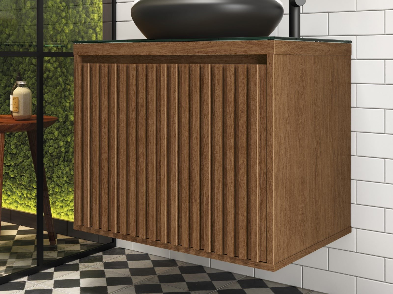 Ver imagem 4 de Balcão Gabinete Banheiro Ripado 60 Freijo C/ Cuba Preta