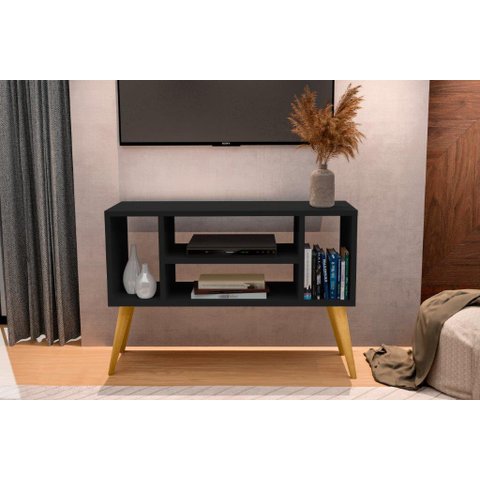 Rack / Bancada Mi Modelo Retrô com Nichos Cor Preto Ja