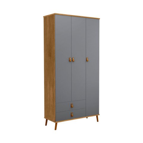 Roupeiro Jujuba MDF Cinza e Nature 3 Portas 2 Gavetas Infantil Organizador Moderno Quarto Completo