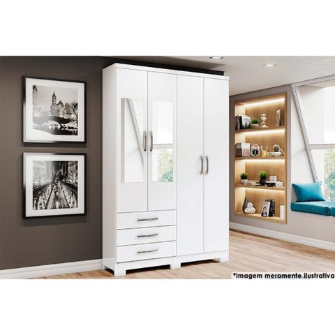 Guarda Roupa Solteiro 4 Portas e 3 Gavetas C/ Espelho e Pés Caju Da135 Branco - Henn