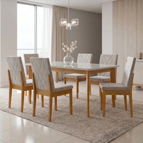 Mesa de Jantar Kit 6 Cadeiras com 100% Madeira Maciça Siera Dakota Cerejeira Veludo Aura Bege Claro