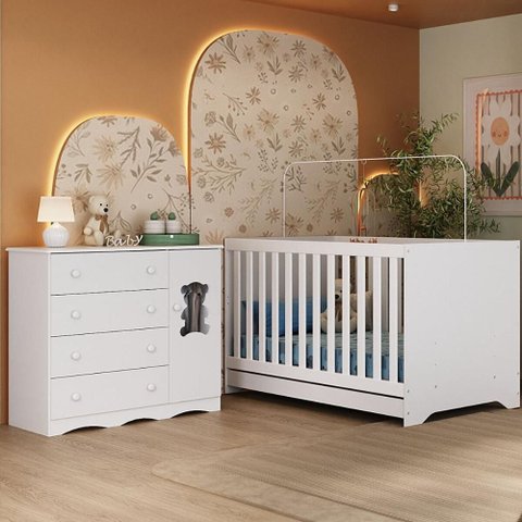 Berço Americano 3 em 1 com Cômoda 1 Porta 4 Gavetas Doçura Multimóveis Mp4725 Branco