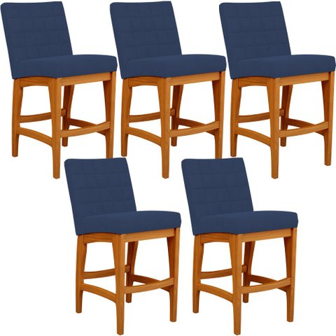 Kit 05 Banqueta Baixa Cozinha Bancada Bar Sala Jantar Fixa Mila L02 Suede Azul Marinho - Lyam Decor 